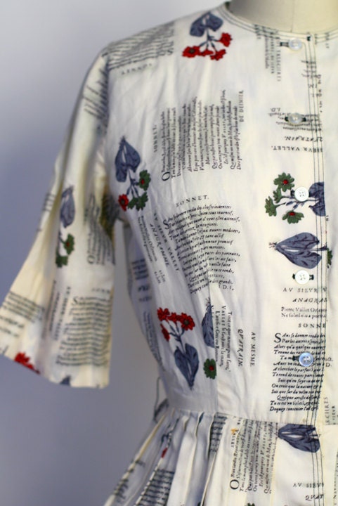 Vintage 50s Novelty Dress - Botanical Illustration Plant Print Full Dress