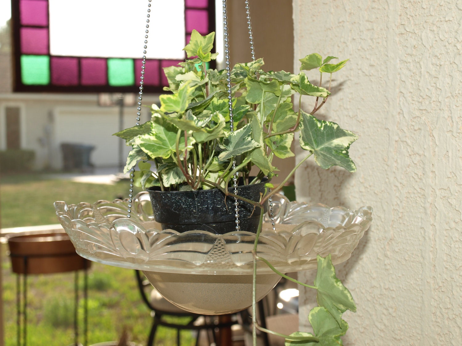 repurpose light fixture hanging planter bird feeder candle holder vintage pink