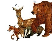 Print Bear and woodland Creatures, Fox, Deer, Hare, Badger art Print 8x11