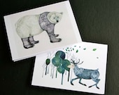 Greeting Card Polar Bear card and Reindeer in wood greeting card 4x6