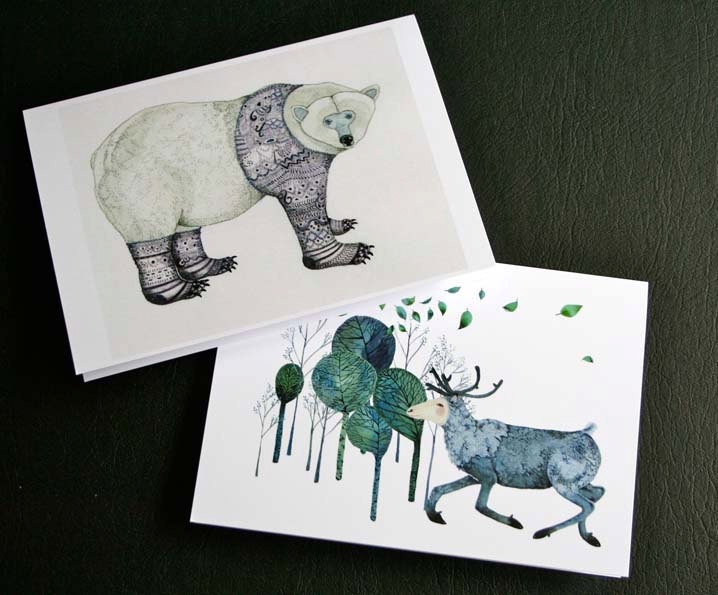 Greeting Card Polar Bear card and Reindeer in wood greeting card 4x6