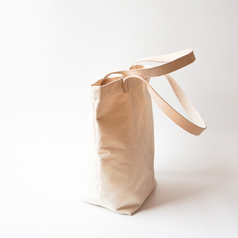 Organic Raw Canvas Tote with Natural Leather Straps