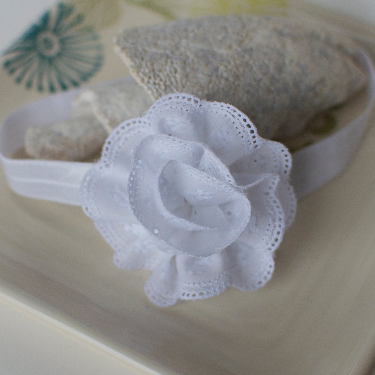 White Eyelet Lace Flower Headband with White Headband