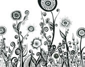 Flowering Landscape with Swirls and Spirals 8x10 Print of my Original Drawing in Black and White. Floral Art. Abstract Pen Illustration.
