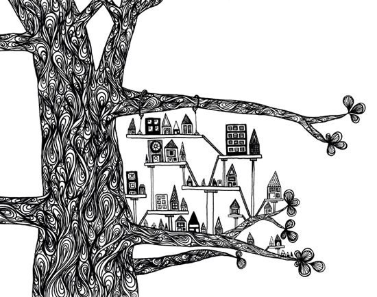 Black White Art Print: "Treehouse City" - Ink Pen Drawing of a Swirly Tree With a Small City 8x10 Whimsical Print