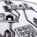 Black and White Hand Embroidery Crooked City 6 inch Embroidery Hoop Art Fiber Art Wall Hanging with Abstract Houses