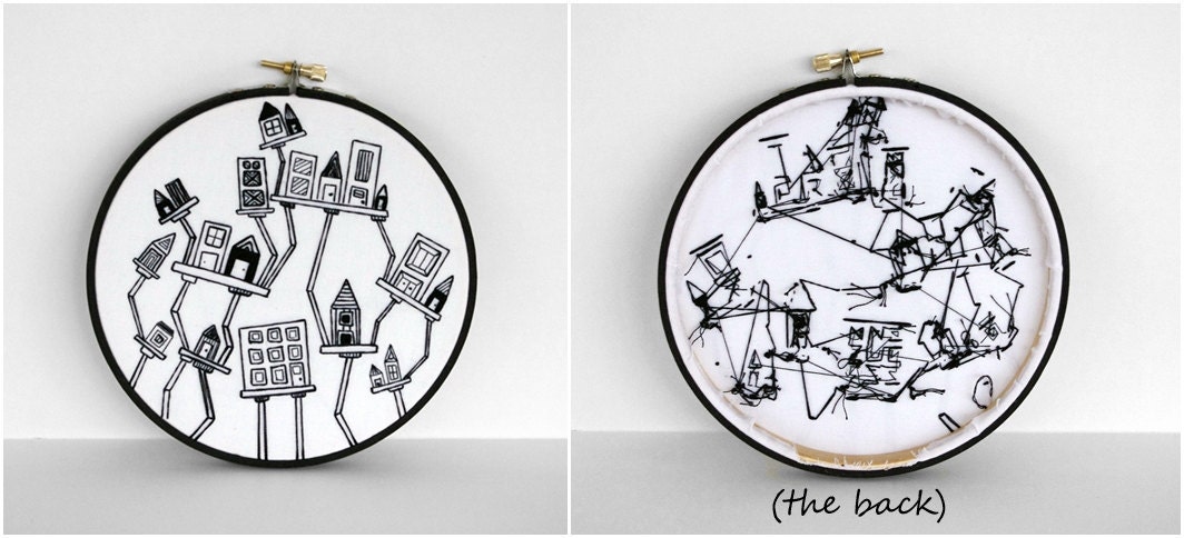 Black and White Hand Embroidery Crooked City 6 inch Embroidery Hoop Art Fiber Art Wall Hanging with Abstract Houses