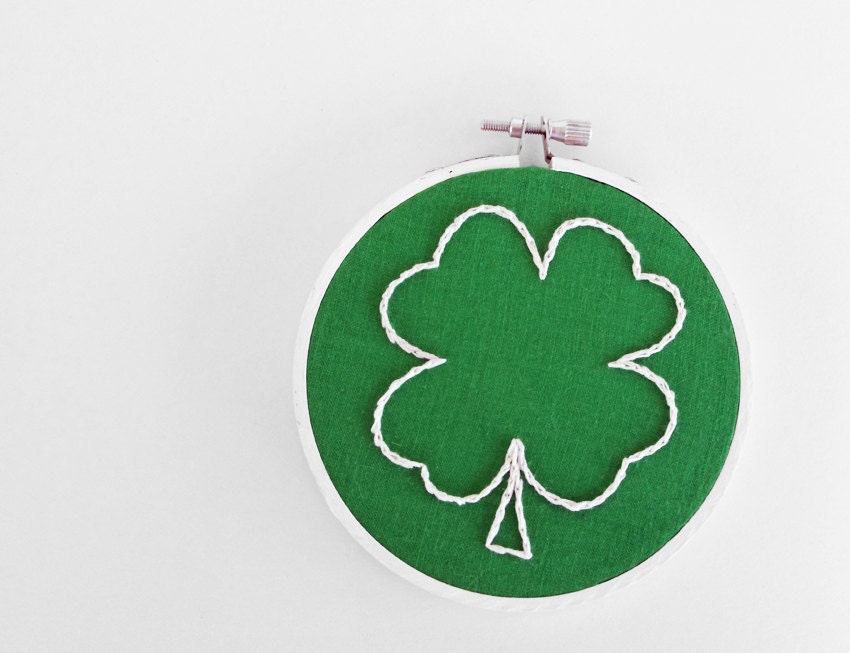 Four Leaf Clover, Hand-Embroidered in Lucky Green and White  - 4" Embroidery Hoop Fiber Art