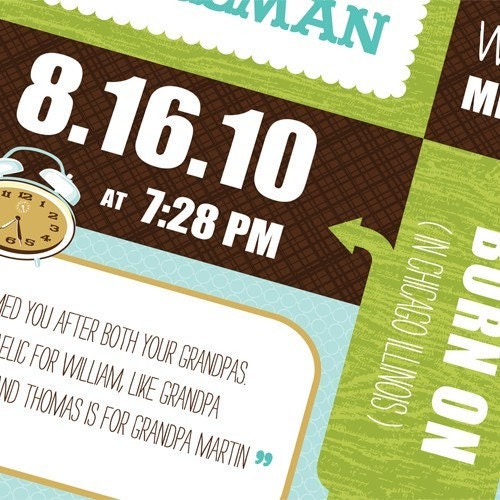 Custom Baby Boy Nursery Art - Birth Announcement Print 8 x10 - Turquoise Blue/ Green