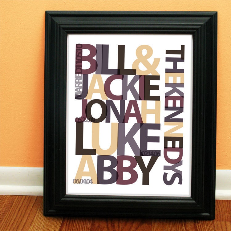Custom Family Name Print, plum, lilac, orange or choose your own colors