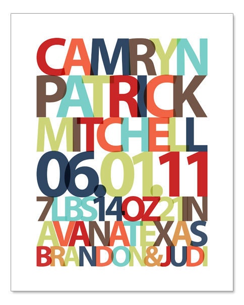 Custom Birth Announcement Print Primary Colors or Custom Colors