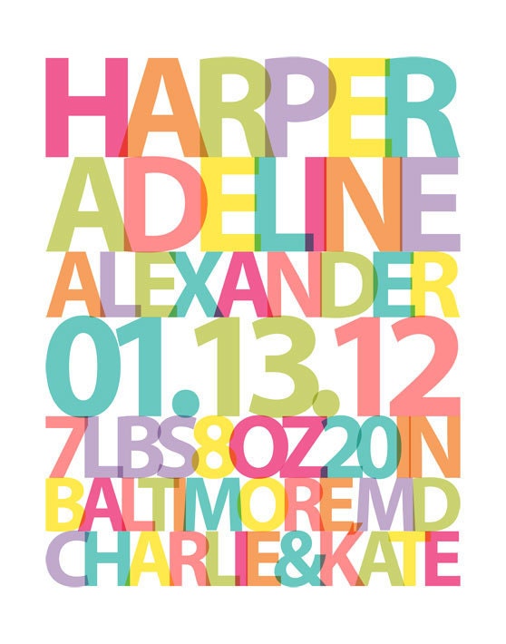 Custom Birth Announcement - Girl Nursery Art Pastel Colors or Pink, Lavendar, Green, Turquoise OR Custom Colors