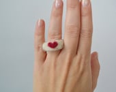 Needle Felted Wool Red Heart Ring - Valentine's Day Love - 100% Natural Wool - Rustic - Natural