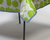 48 x 84 Oilcloth Tablecloth Mod Apple Green with Gingham Blue Trim