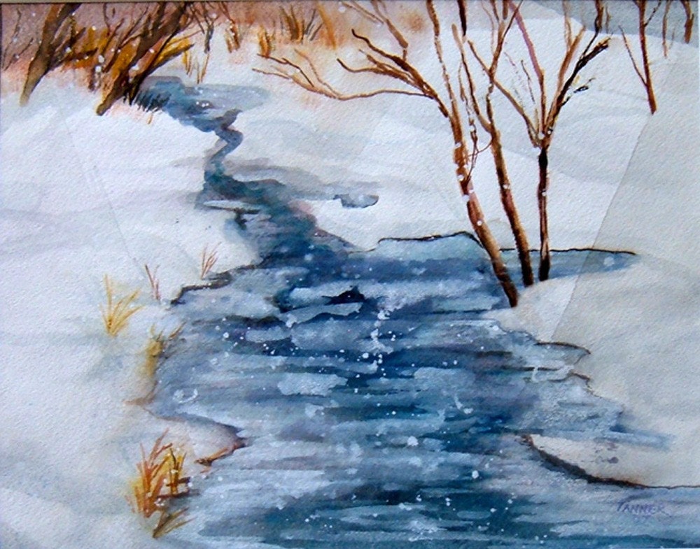 Original Watercolor Painting Winter Landscape Art River Snow Scene 11x15 matted to 16x20