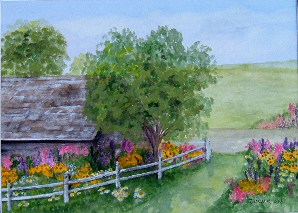 Original Watercolor Landscape Painting Country Summer Scene 11x15 matted to 16x20