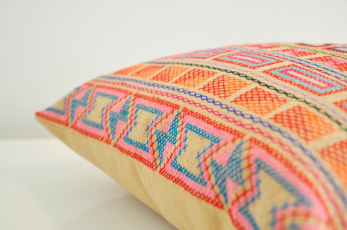 Hand- stitched geometric details tribal cotton pillow cover in beige