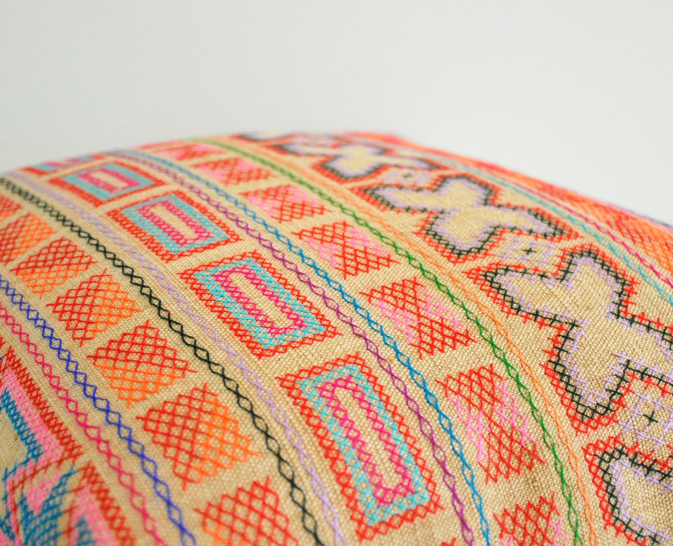 Hand- stitched geometric details tribal cotton pillow cover in beige