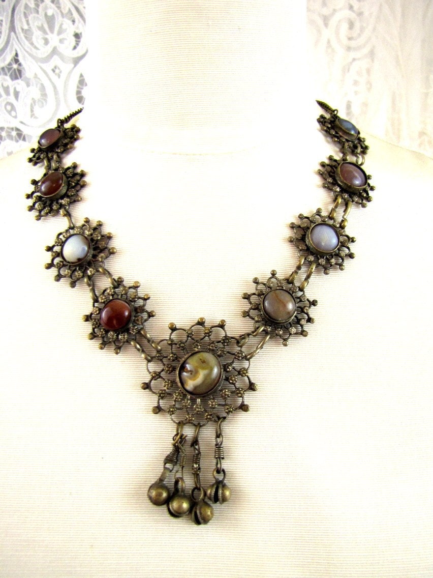 70s Necklace Bohemian Jasper Carnelian  Cabochon Bo Ho...FP910