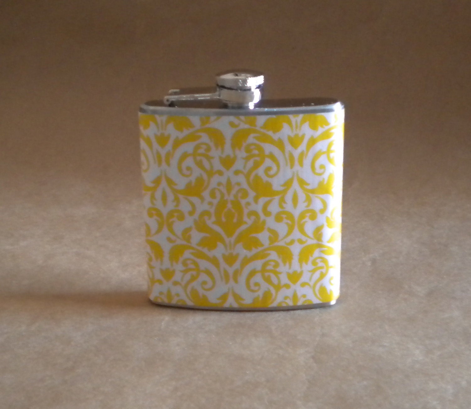 Damask Print Flask Yellow and White Damask Print 6 ounce Stainless Steel Girly Gift Flask KR2D 4497