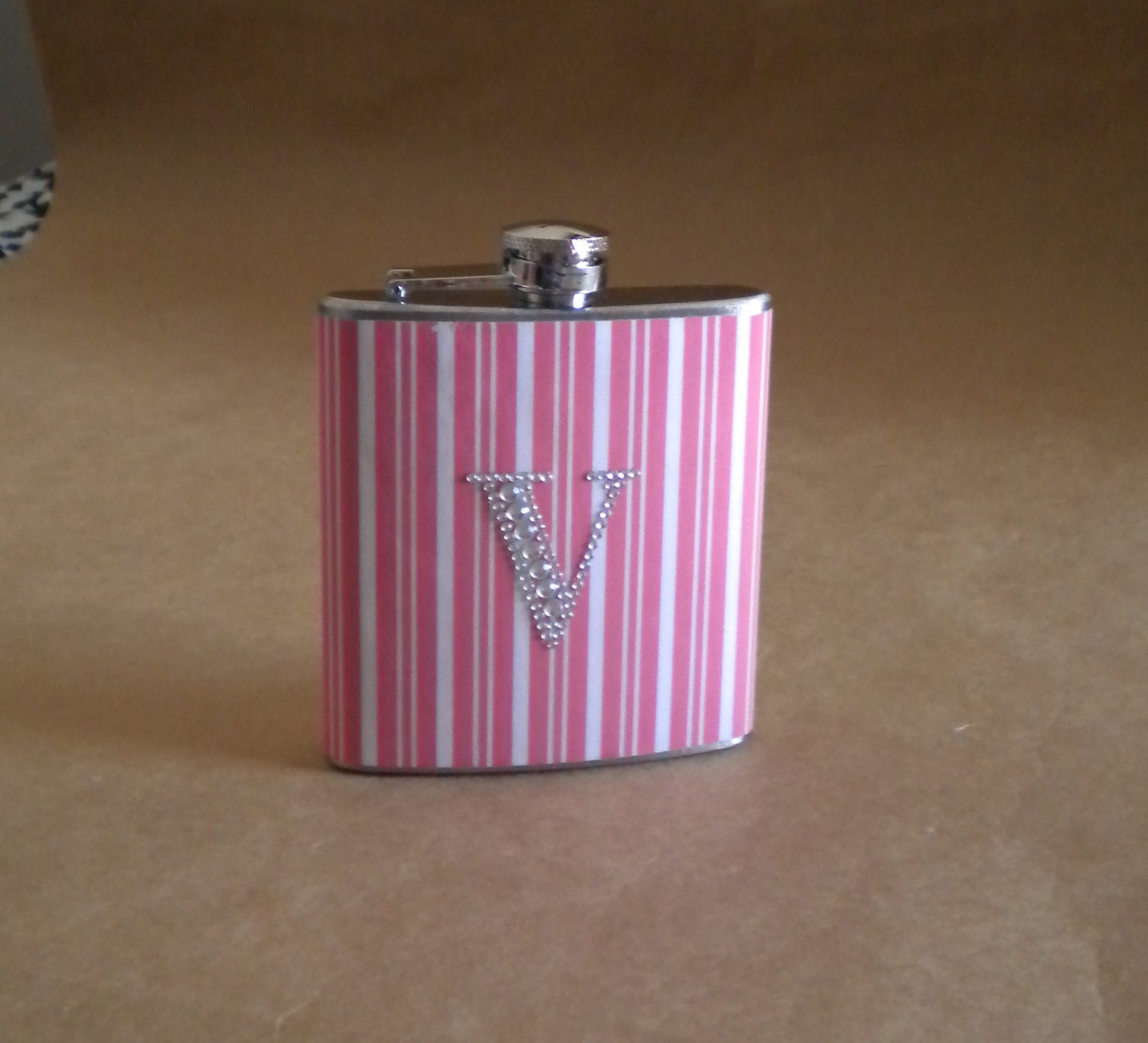 Pink and White Stripe Print with ANY Rhinestone Initial 6 ounce Stainless Steel Girl Gift Flask