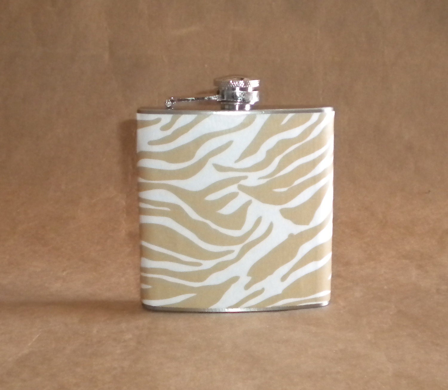 Bachelorette Party Flask Taupe and White Zebra Print 6 ounce Stainless Steel Girl Gift Flask KR2D2687