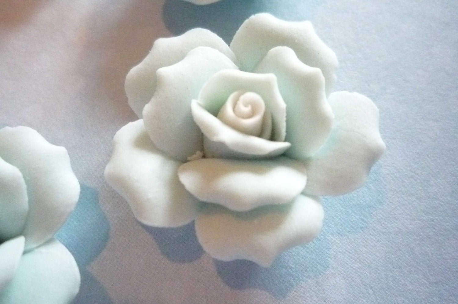 Soft Pastel Blue Ceramic Rose Flower Flat Back 27mm Cabochons with White Center - Qty 6