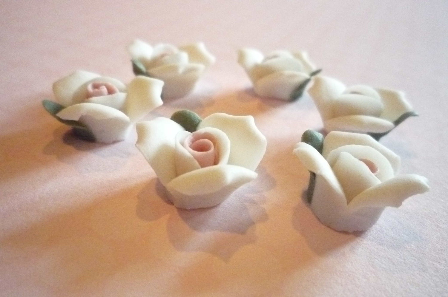 White Ceramic Rose Flower Flat Back 17mm Cabochons with Pink Center Qty 6
