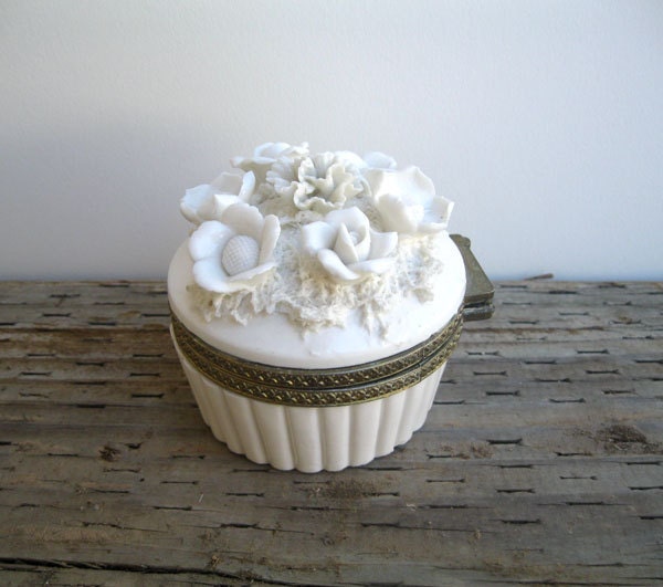 Vintage China Powder Box with Porcelain flowers