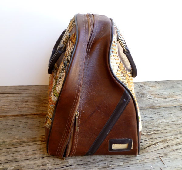 Plaid, Tweed Bowling Bag- Cream, Brown and Tan Retro, Vintage