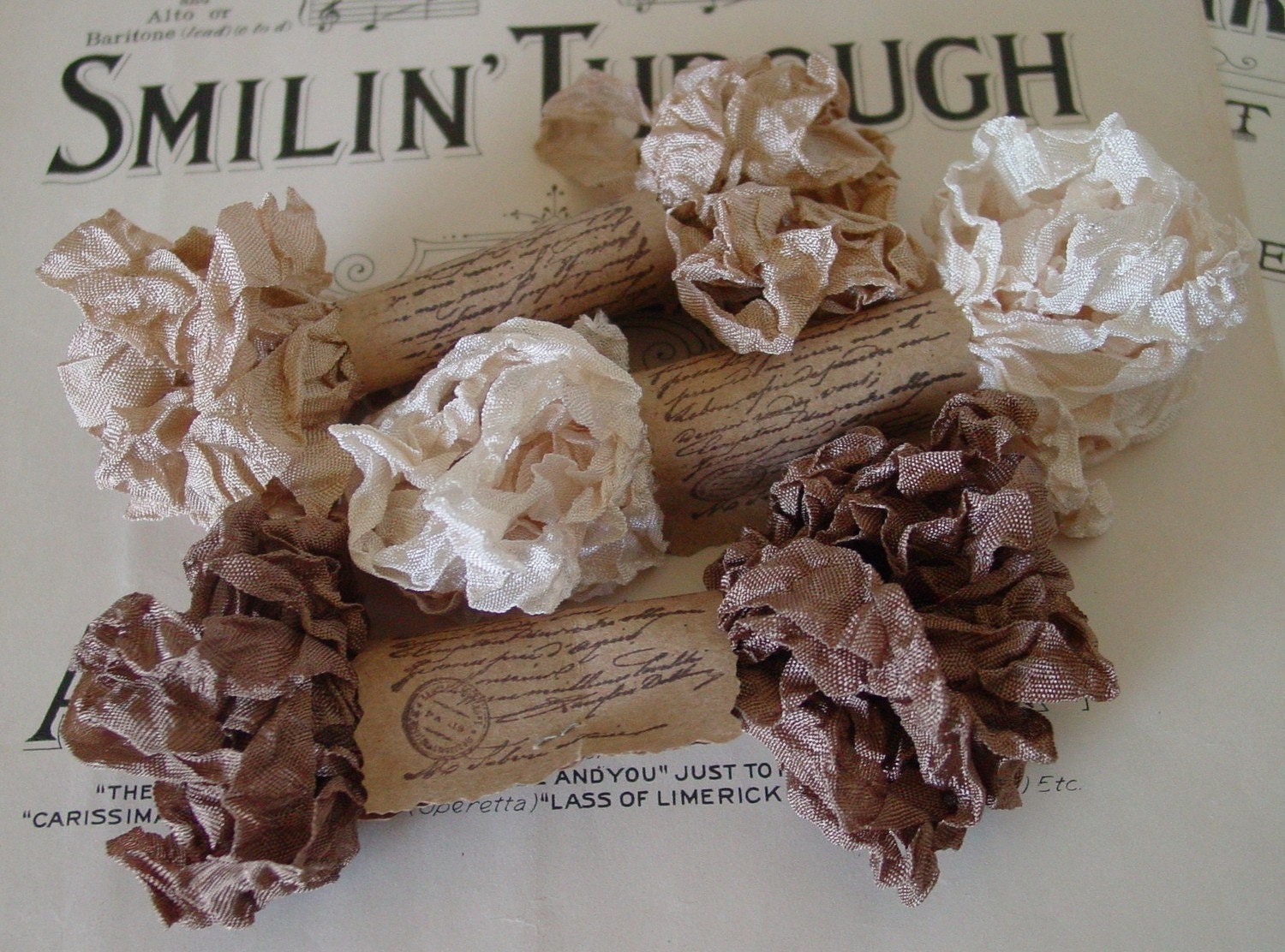 Shabby Wrinkled neutral colored Sandstone ribbon bundle, 15 yards