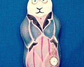 WHITE RABBIT Hare Primitive Folk Art Figure CLOTH DOLL Stenciled Susan Brack