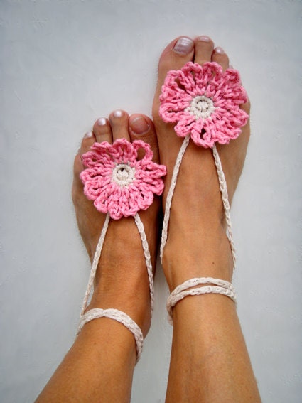 Anklet Jewelry Body Foot Hippy Chic Pink Cream Barefoot Sandals Fiber Crochet Nude shoes Yoga Bohemian Summer fashion