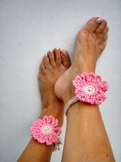 Anklet Jewelry Body Foot Hippy Chic Pink Cream Barefoot Sandals Fiber Crochet Nude shoes Yoga Bohemian Summer fashion