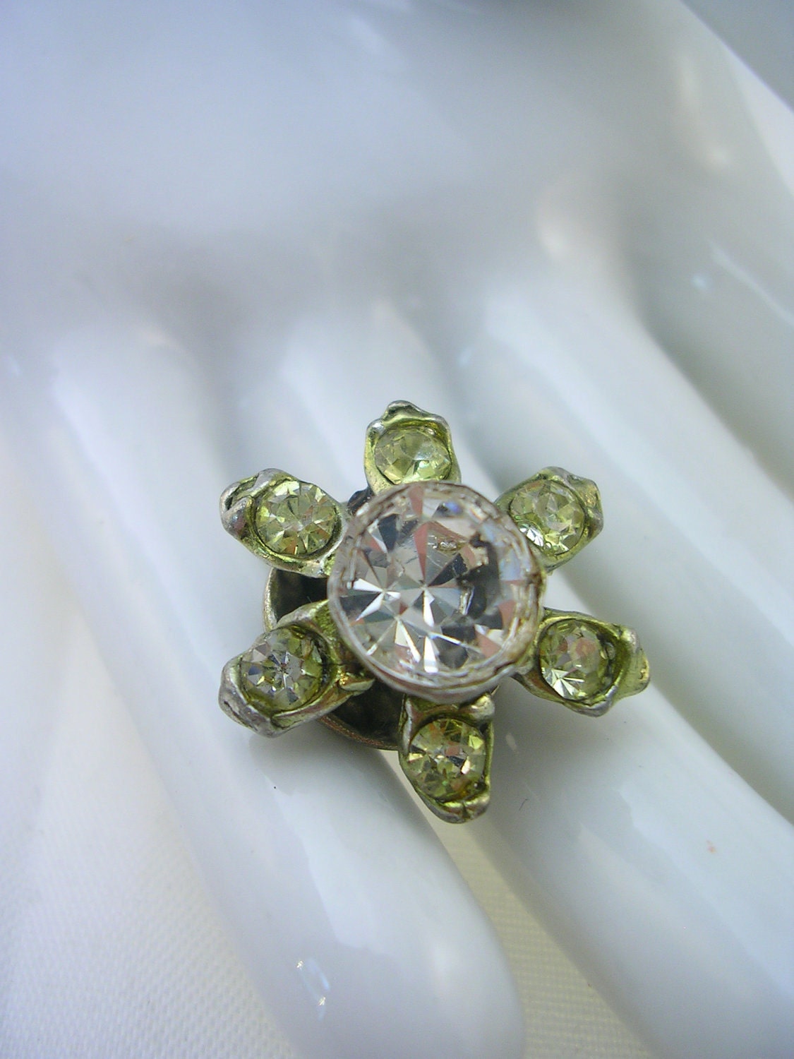 Small Abstract Flower Tack Pin with Light Green Rhinestones 1950s