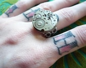 SALE Was 45 Now 32 // Unisex Steampunk Neo Victorian Cogs and Gears Large sized Round Silver Antique 1900s Watch Parts Ring with REAL RUBIE