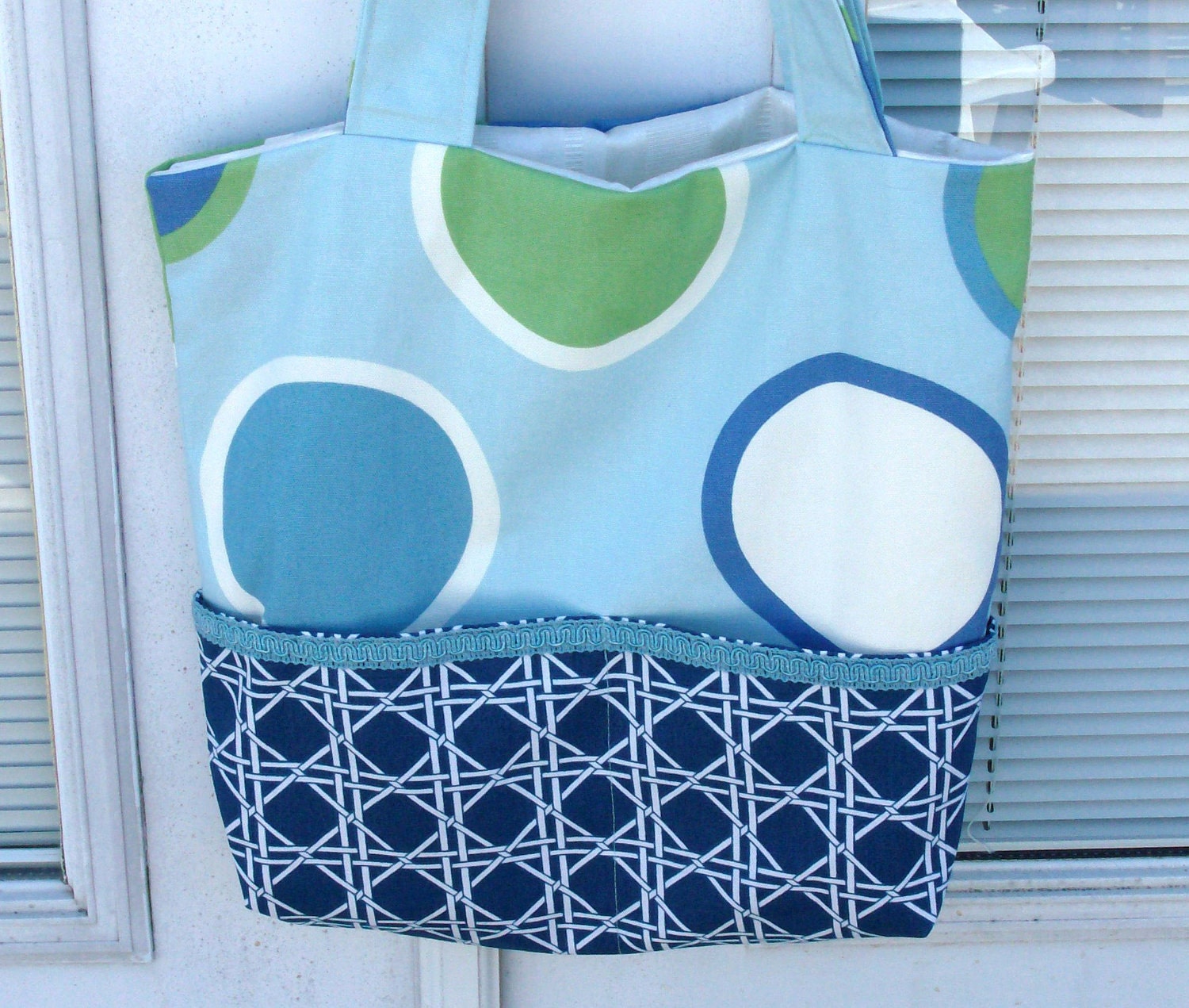 FREE SHIPPING / Blue and Green Polka Dot Tote With Blue Lattice Front Pockets