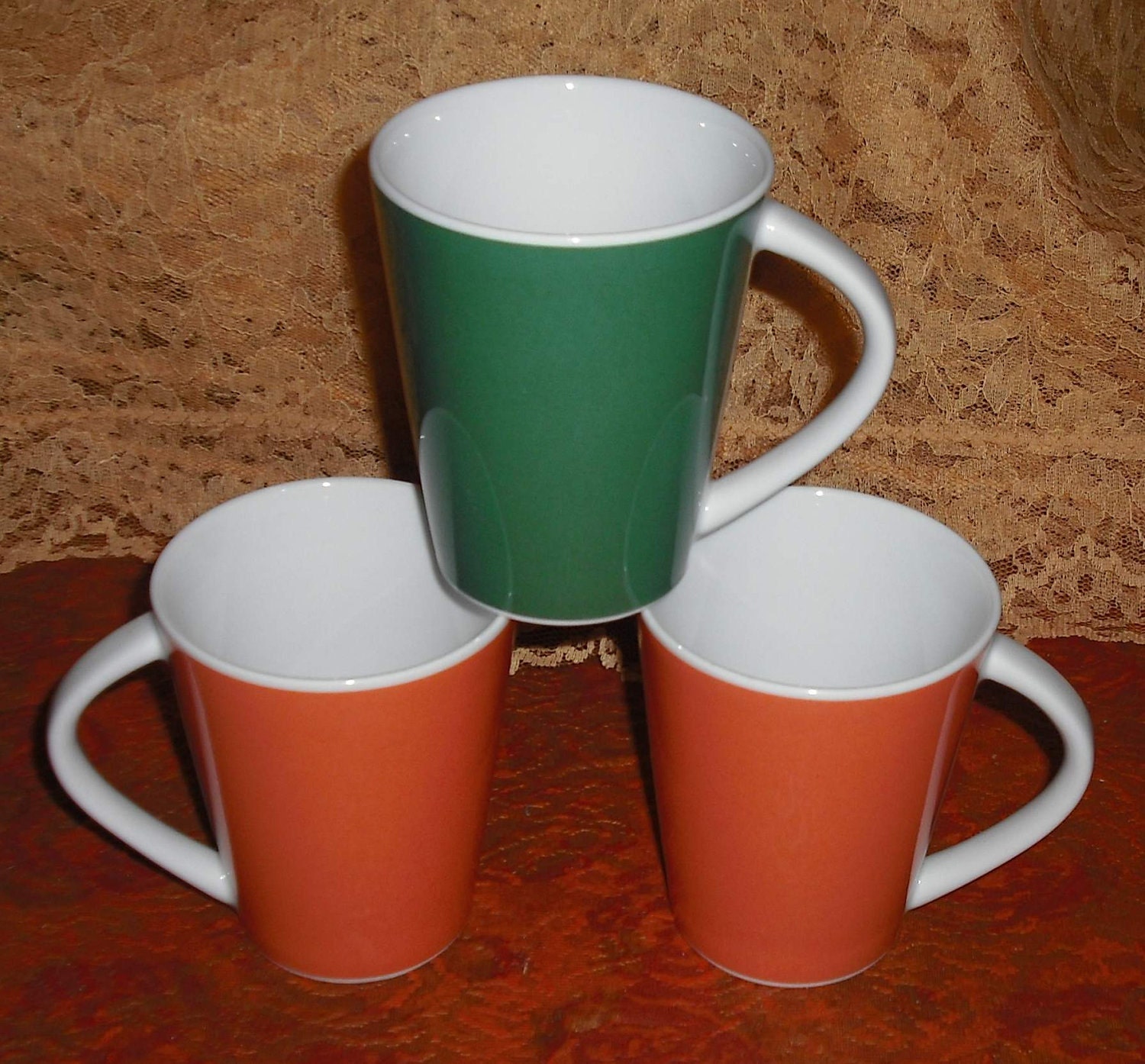 Vintage Mitterteich Bavaria Germany 3 Cups Mugs Orange Green White Retro Home Kitchen Dining Dishes Serving Drinking Mug Cup