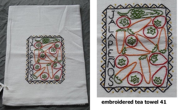 Hand Embroidered Tea Towel Flour Sack Cotton - Fiesta Jalepeno Pepper Chili Spice Chilies Mexican Vintage Retro Kitchen