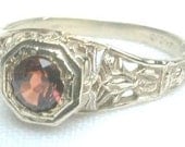 Antique Garnet Ring White Gold Filigree