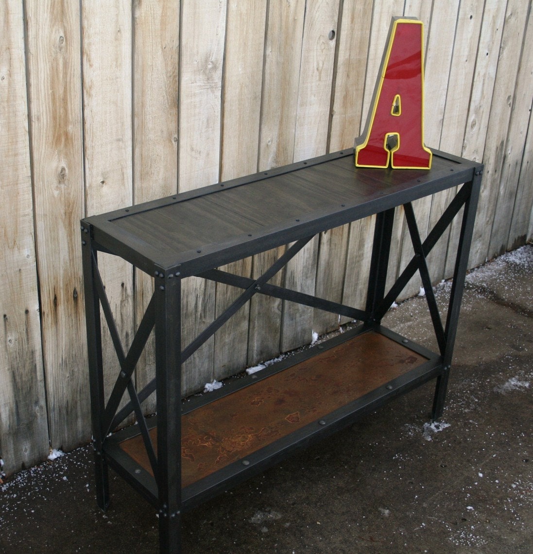 Handmade scrap metal and wood accent table, console table, wine/liquor cabinet, book shelf, plant stand