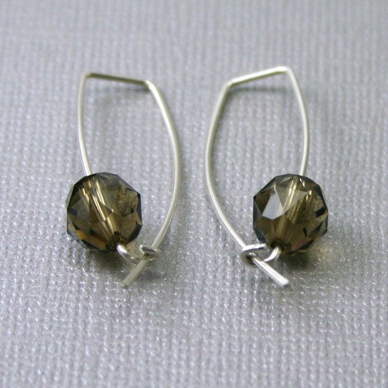 Modern Earrings Simple Elongated Silver Hoops with solo Smoky Quartz Swarovski Crystal Bead  - Style Roxie