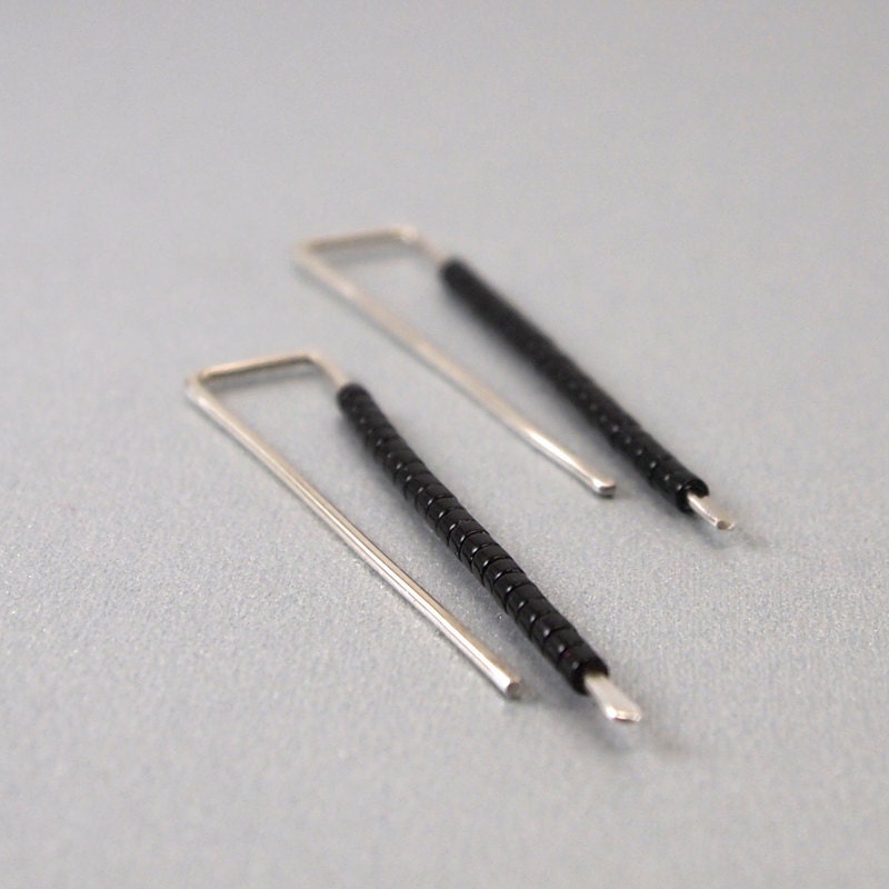 Modern Minimalist Earrings - Sterling Silver and Jet Black Seed Beads - Simple, Dangle, Architectural