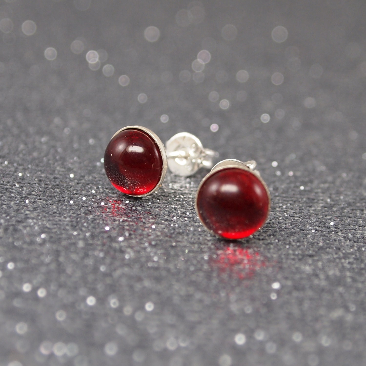 Simple Modern Cranberry Glass Stud Earrings, Sterling Silver and Vintage Glass Domed Cab