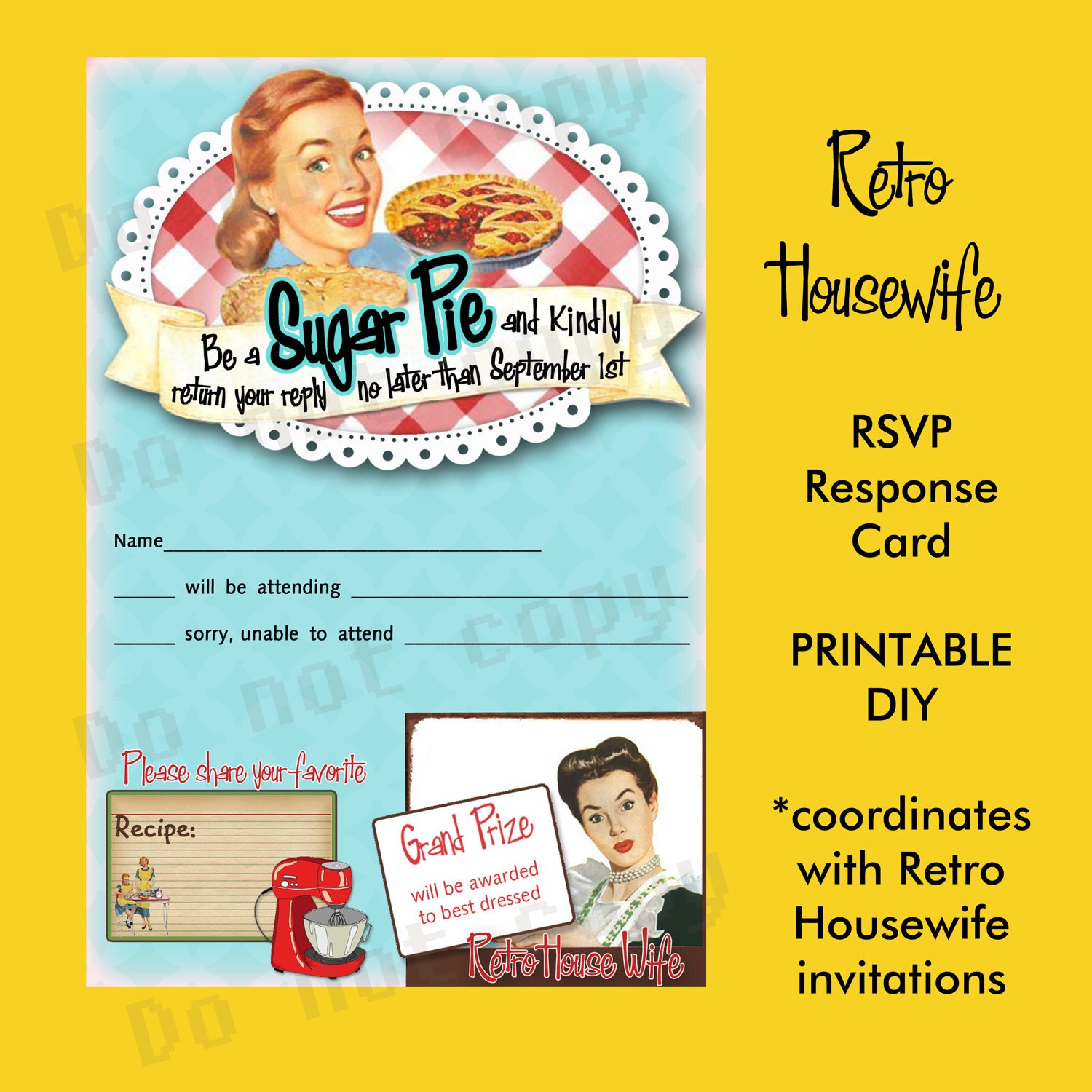 Printable DIY Retro Housewife Theme Bridal Shower Party RSVP Response Card