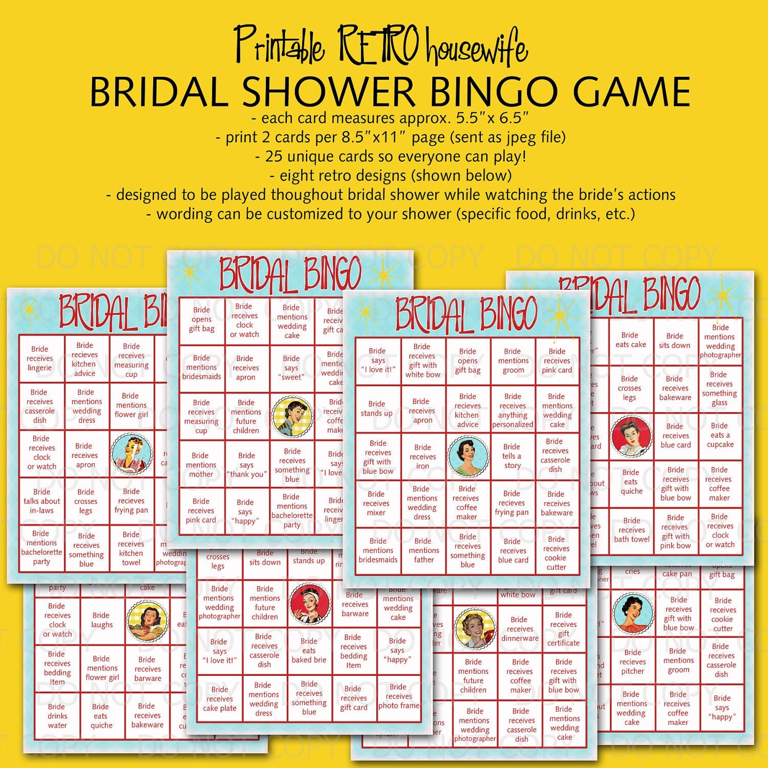 DIY Printable Retro Houswife Theme Bingo Bridal Shower Game