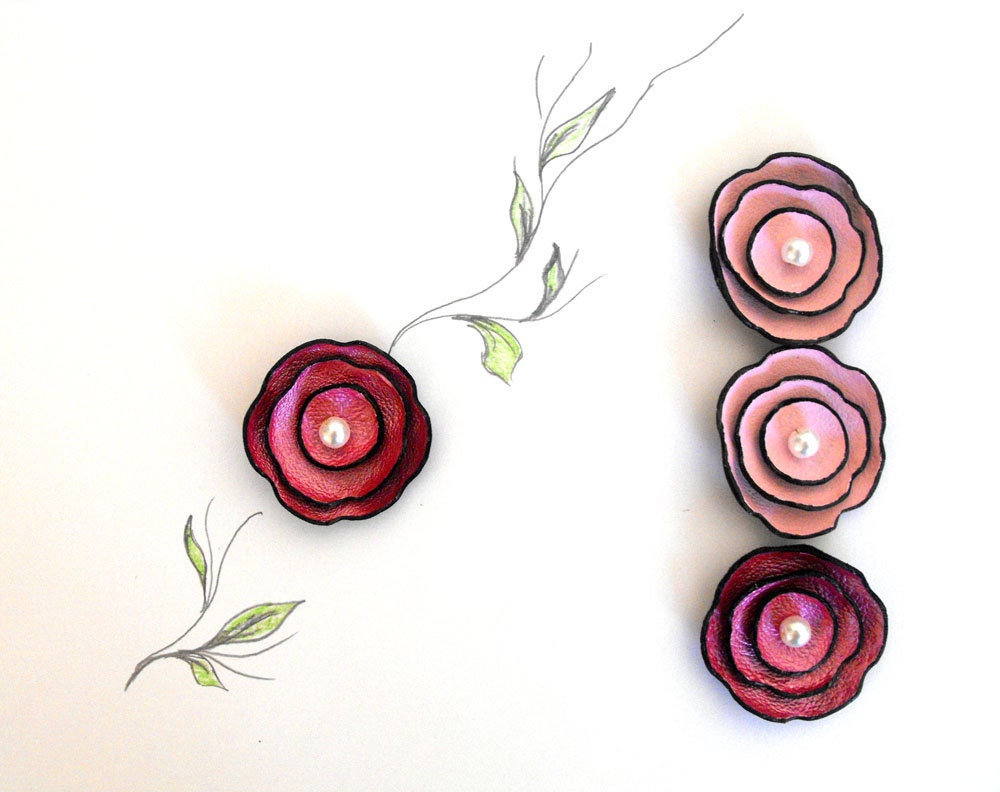 Pink leather cabochon flowers for brooches, pendants, shoe clips etc Set of 4 pcs