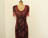 1980's Black and Red Beaded Paisley Dress