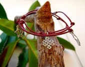 Triple Wrap Blood Red Greek Leather Bracelet with Sterling Silver Feng Shui Charms, and a Sterling Silver Closure