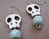 Skull Earrings of Bone Accented with Faceted Aquamarine and Sterling Silver